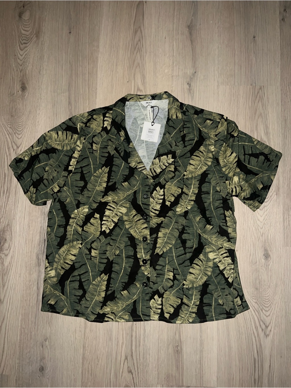 NWT Object Green Leaf Print Button Down Shirt | EU 42 | Short Sleeve Resort